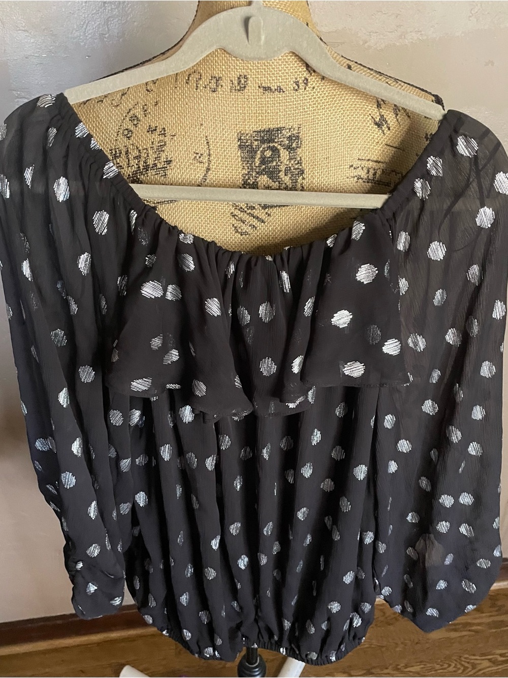 MSK Black top with Silver Metallic Dot Accents sheer arms ruffle neckline